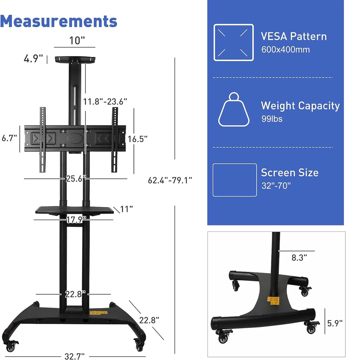 Black Height Adjustable Mobile TV Cart with Wheels for 32 to 70 inch Screens X3721