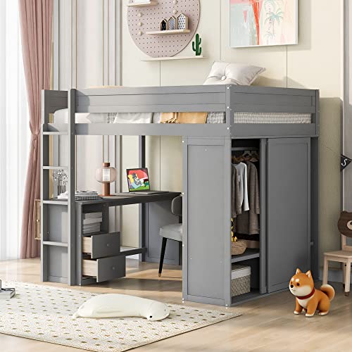 Full Size Wood Loft Bed with Desk Wardrobe Drawers Cabinet Grey T2449