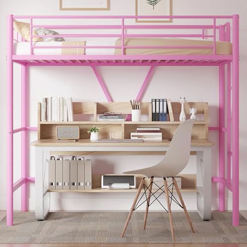 Twin Size Black Metal Loft Bed with Guardrails and Ladder I32268
