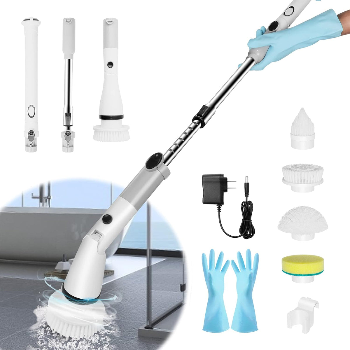 Electric Spin Scrubber with Adjustable Extension Handle & 4 Replaceable Brush Heads U785102