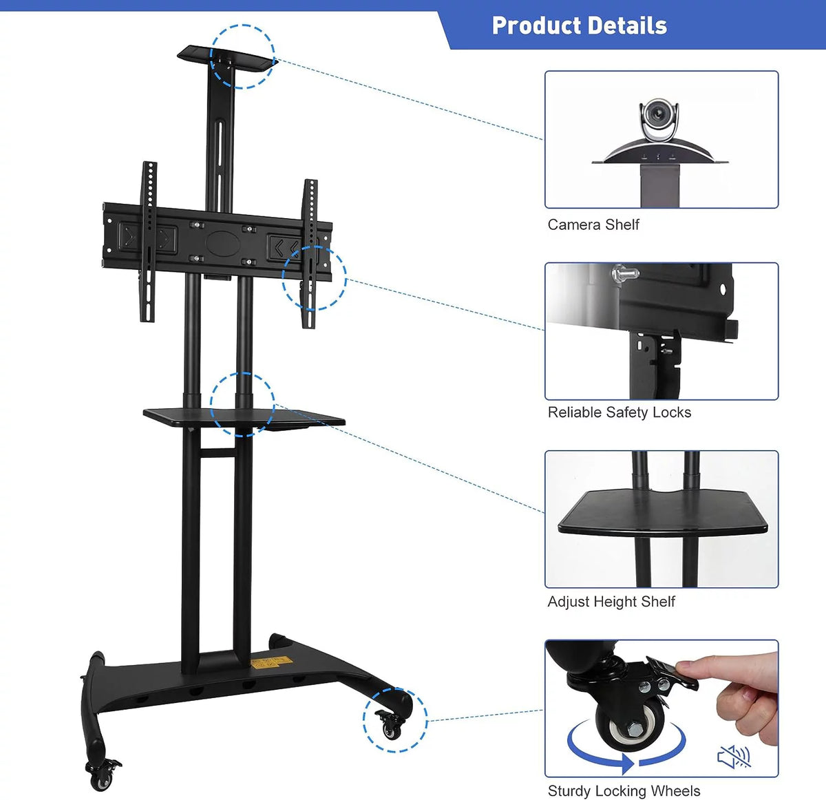 Black Height Adjustable Mobile TV Cart with Wheels for 32 to 70 inch Screens X3721