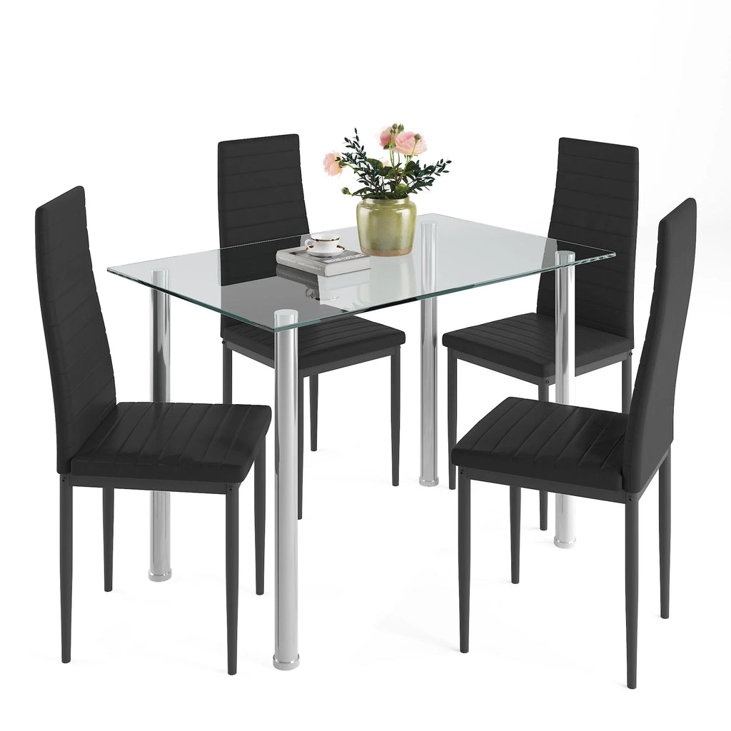 White 5 Pieces Tempered Glass Dining Table Set with 4 Chairs G842606