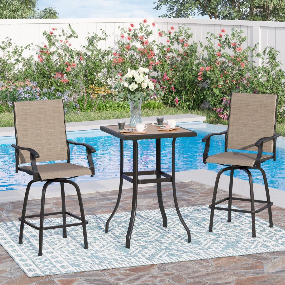 3 Piece Outdoor Bar Height Swivel Chairs and Table Bistro Set M1830