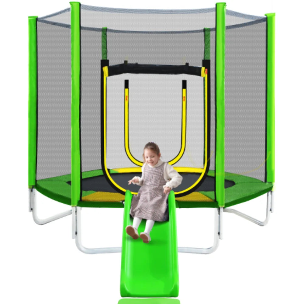 7FT Round Trampoline with Safety Enclosure Net, Slide and Ladder J75240