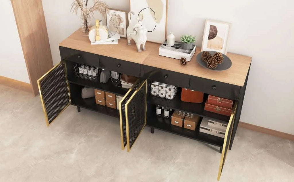 Modern Iron Rattan Buffet Sideboard Cabinet Set of 2 R754