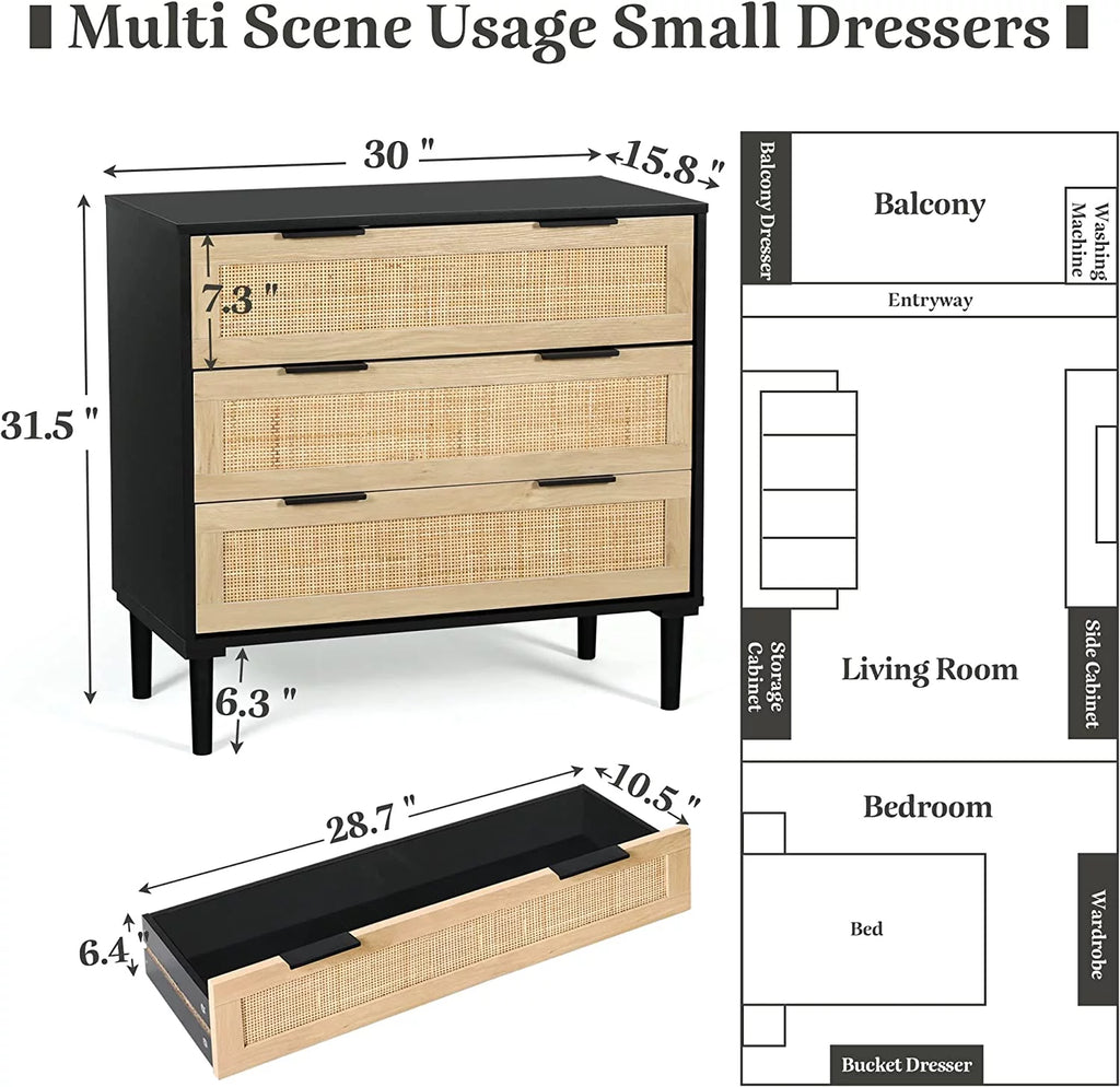 Black 3 Drawer Wood Rattan Dresser N595428