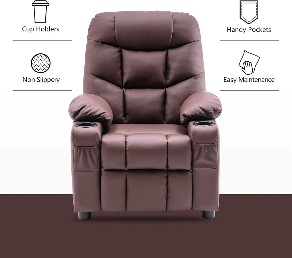 Light Brown Faux Leather Kids Recliner Chair with Cup Holders N987788
