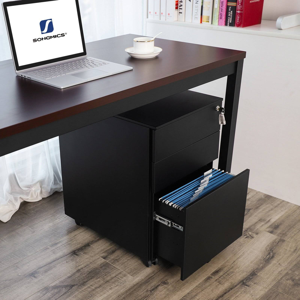 Black Steel 3 Drawer Mobile File Cabinet with Lock X26298