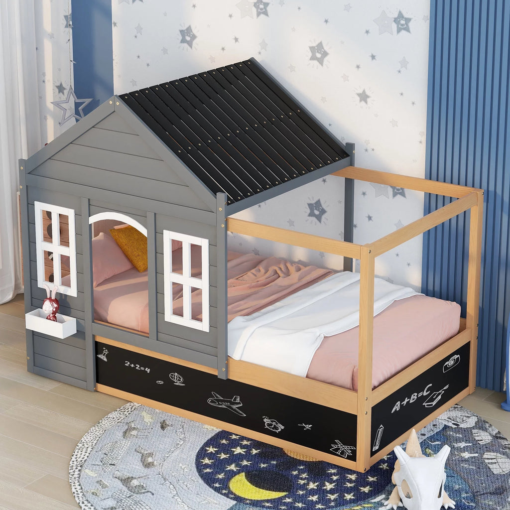 Wood Twin Size House Bed with Roof and Blackboard Y13140