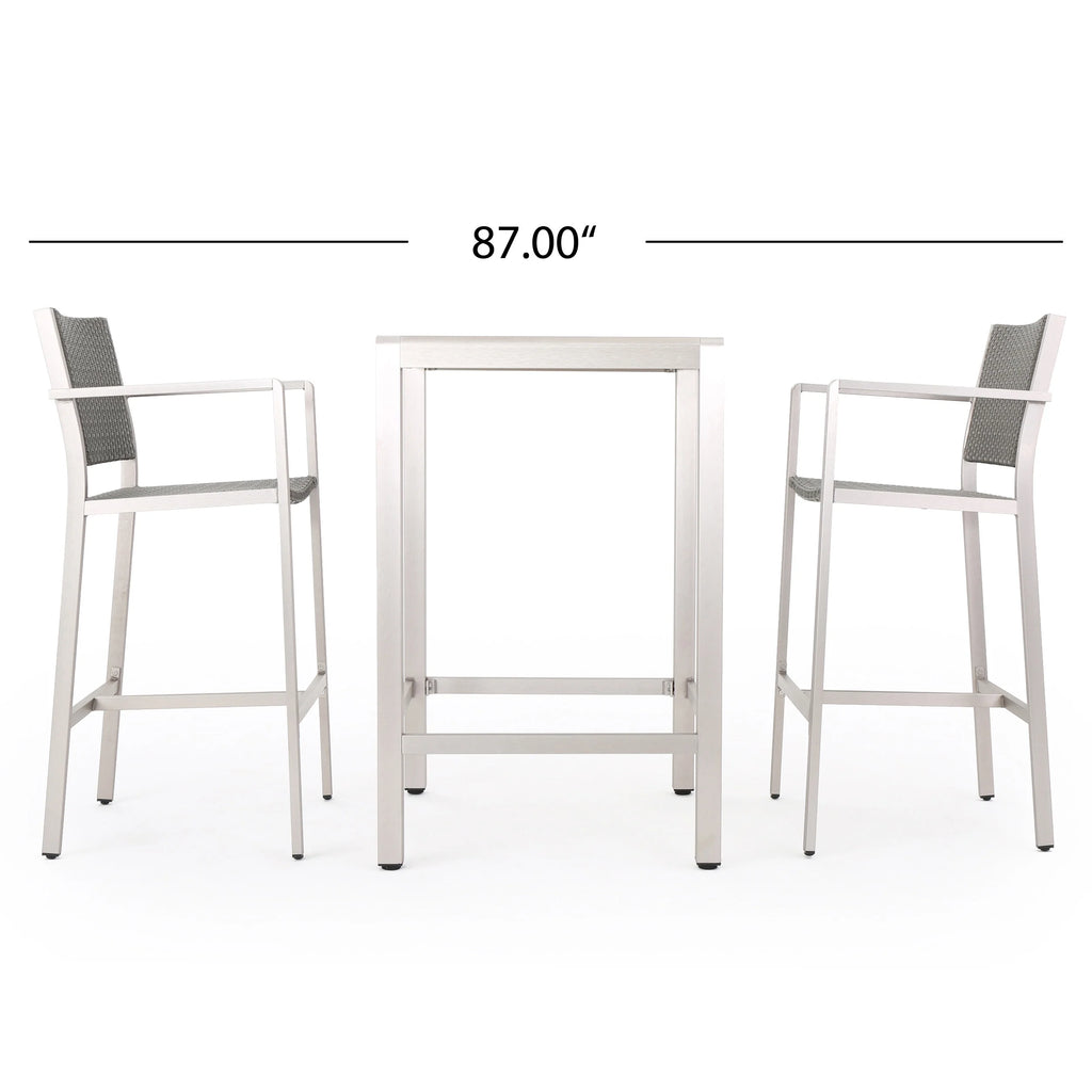 3 Piece Grey Wicker Bar Set with Glass Table Top J243933