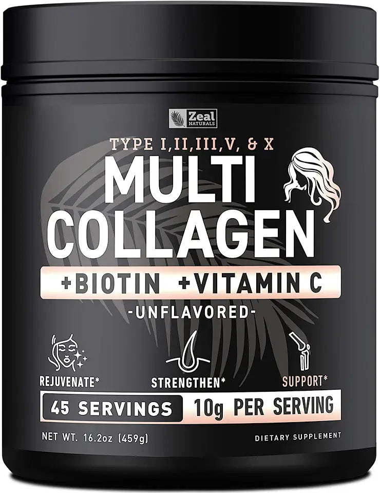 Multi Collagen Peptides Protein Powder with Vitamin C, Biotin, Hyaluronic Acid, Unflavored 45 Servings E167