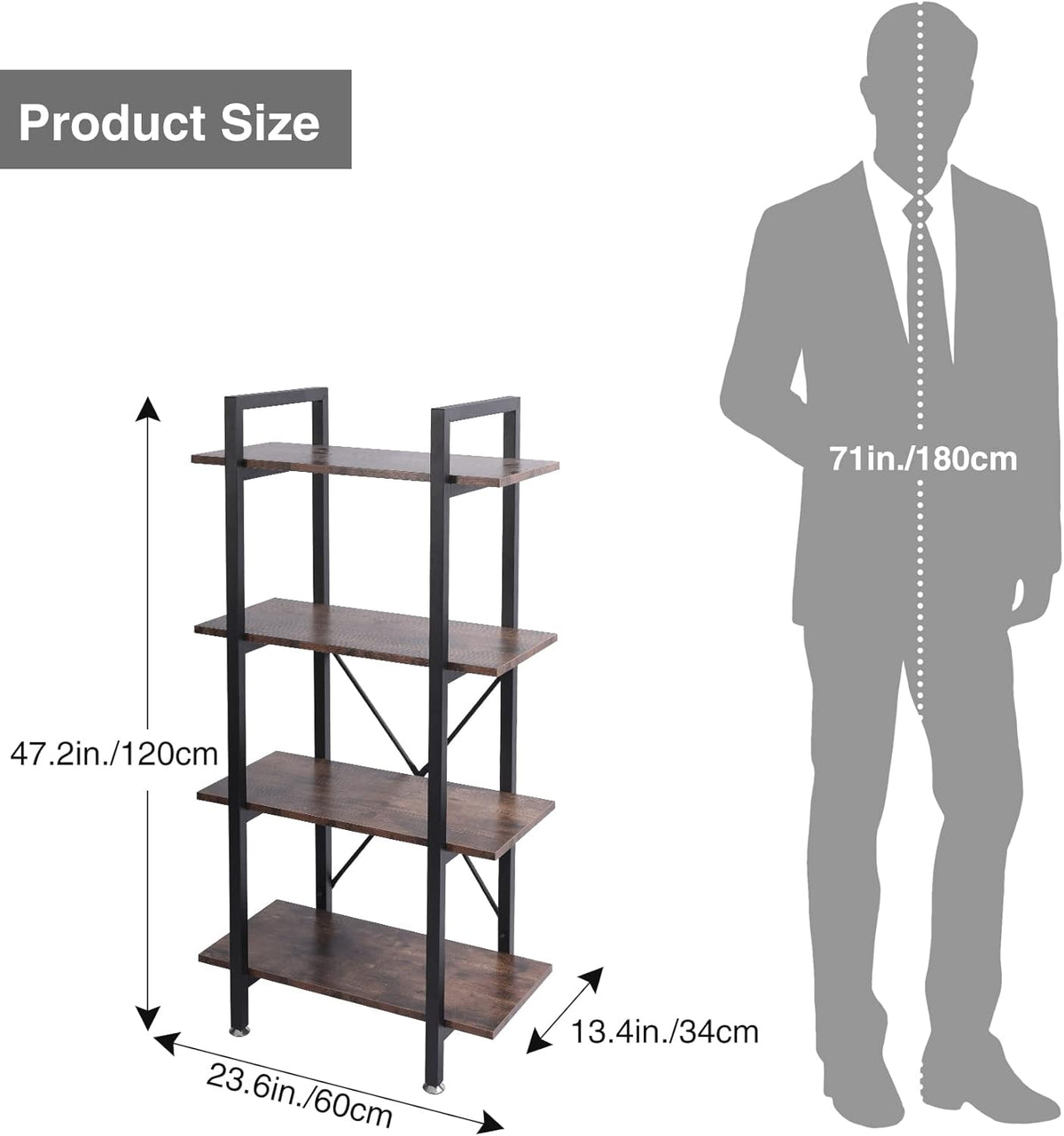 Industrial Bookshelf, 4 Tier Open Shelf Bookcase, Rustic Brown Q259