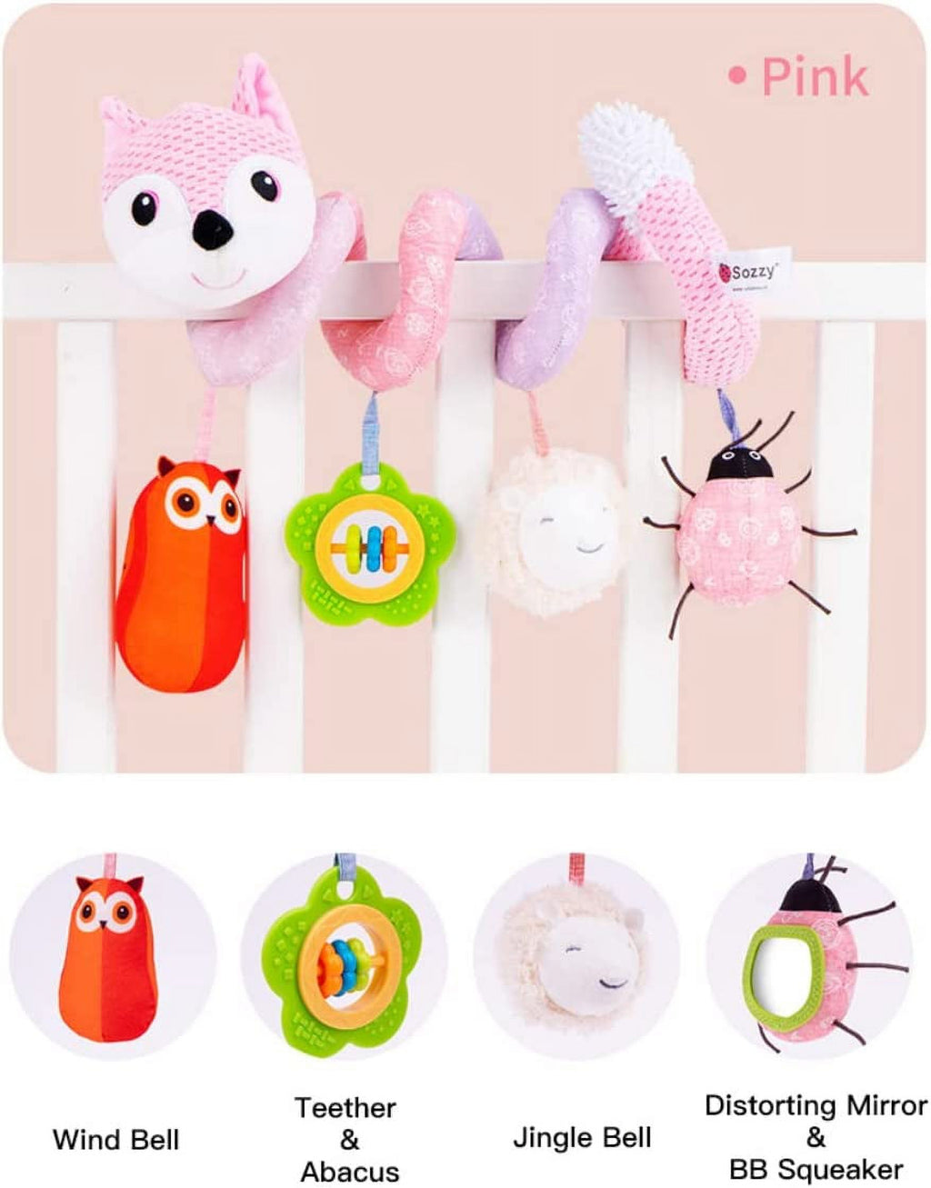 Pink Plush Activity Hanging Spiral Pram Crib Toys with Music Box B80871