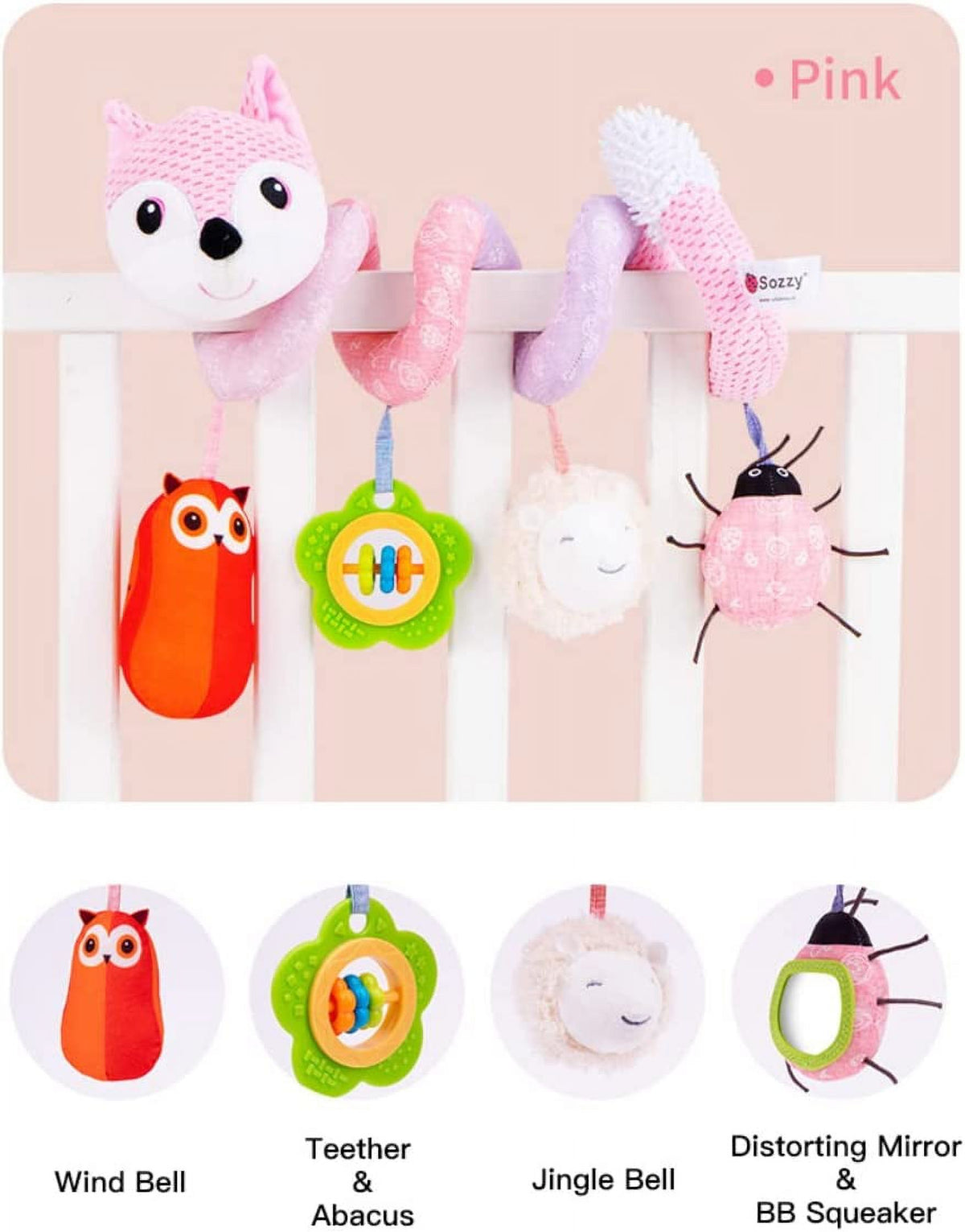 Pink Plush Activity Hanging Spiral Pram Crib Toys with Music Box B80871