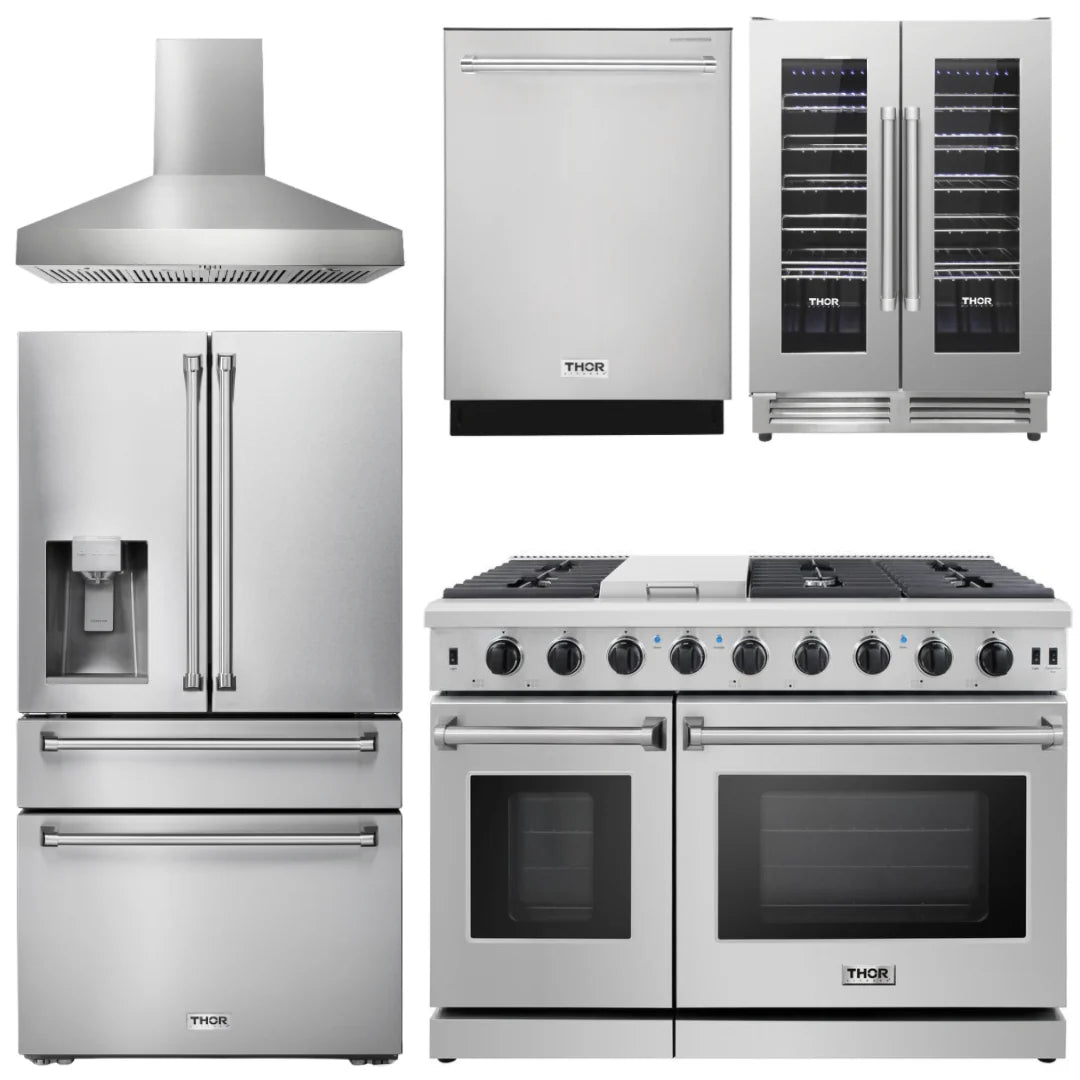 48 Propane Gas Range, Range Hood, Refrigerator with Water and Ice Dispenser, Dishwasher, Wine Cooler L512