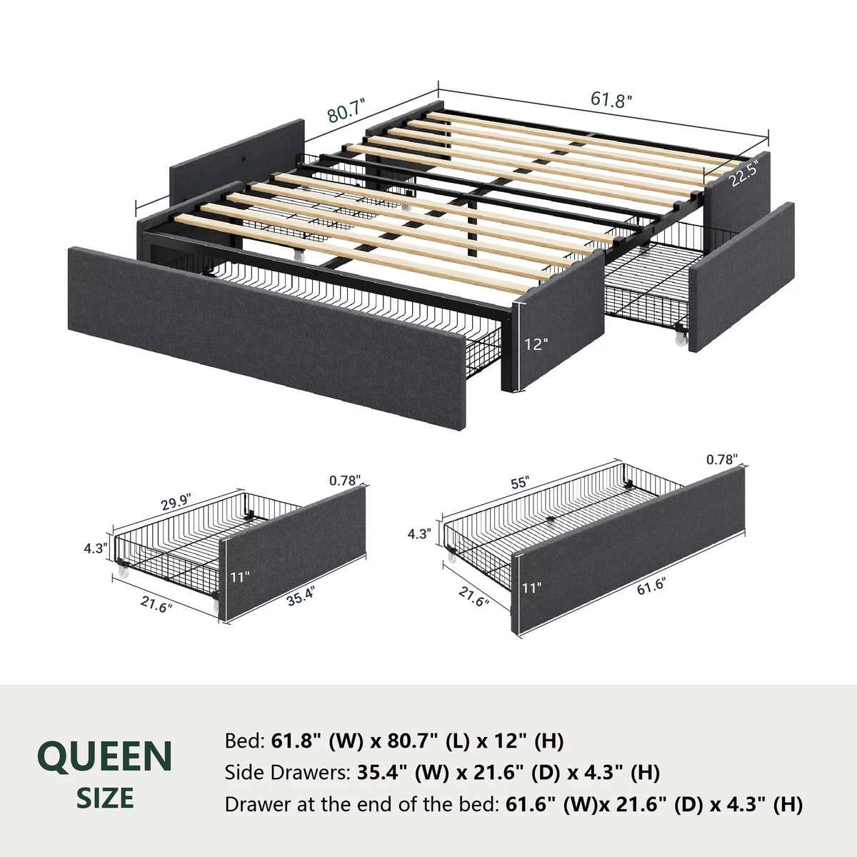 Queen Size Upholstered Platform Bed Frame with 3 Storage Drawers E799558