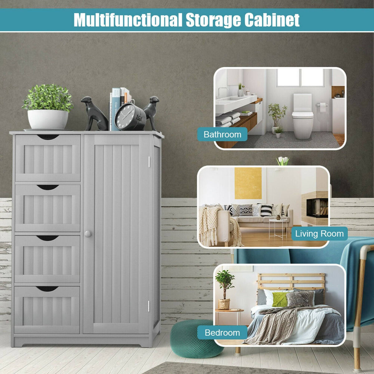 Grey Wooden 4 Drawer Bathroom Floor Cabinet M87712