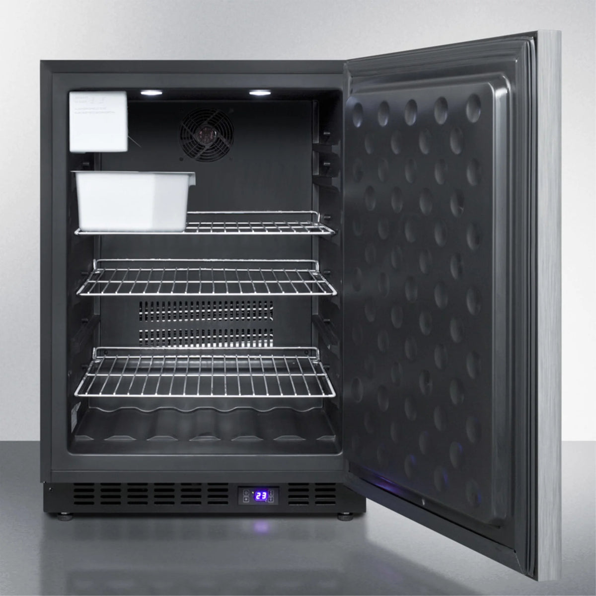 Frost-free built-in undercounter all-freezer with icemaker, stainless steel door, horizontal handle, black cabinet H6695