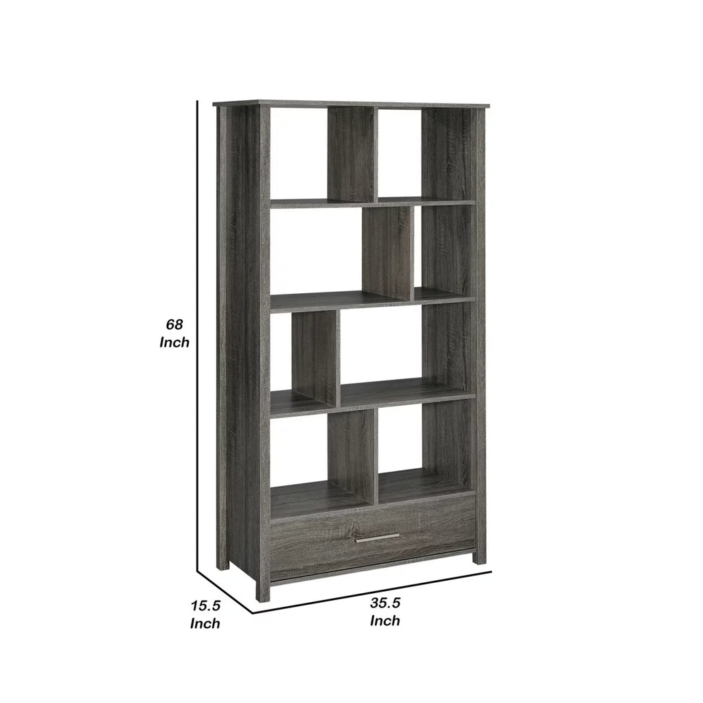 68 Inch Geometric Bookcase with 8 Shelves Weathered Gray I4159