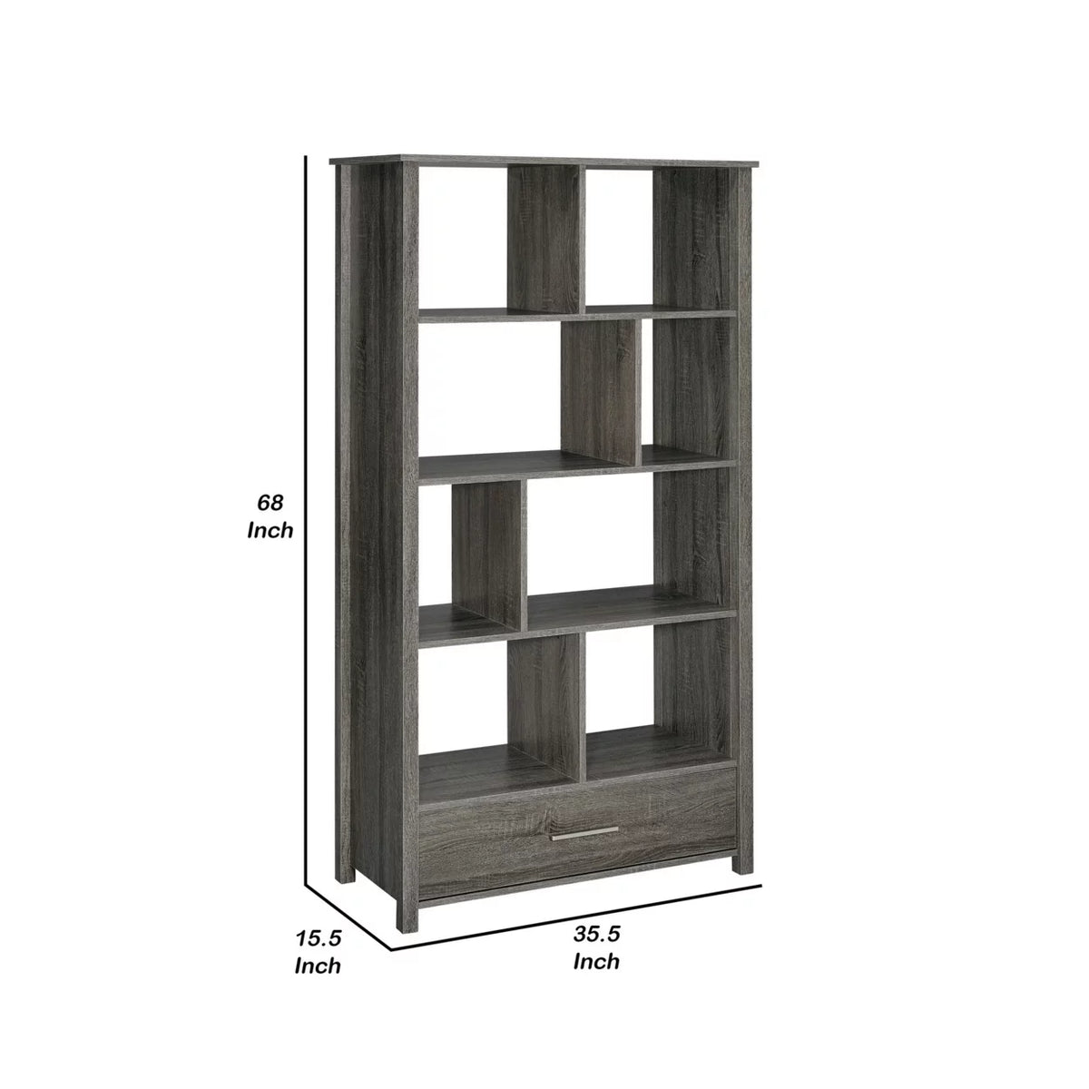 68 Inch Geometric Bookcase with 8 Shelves Weathered Gray I4159