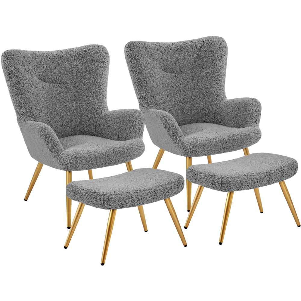 Gray Boucle Accent Chair and Ottoman Set with Golden Metal Legs J16099