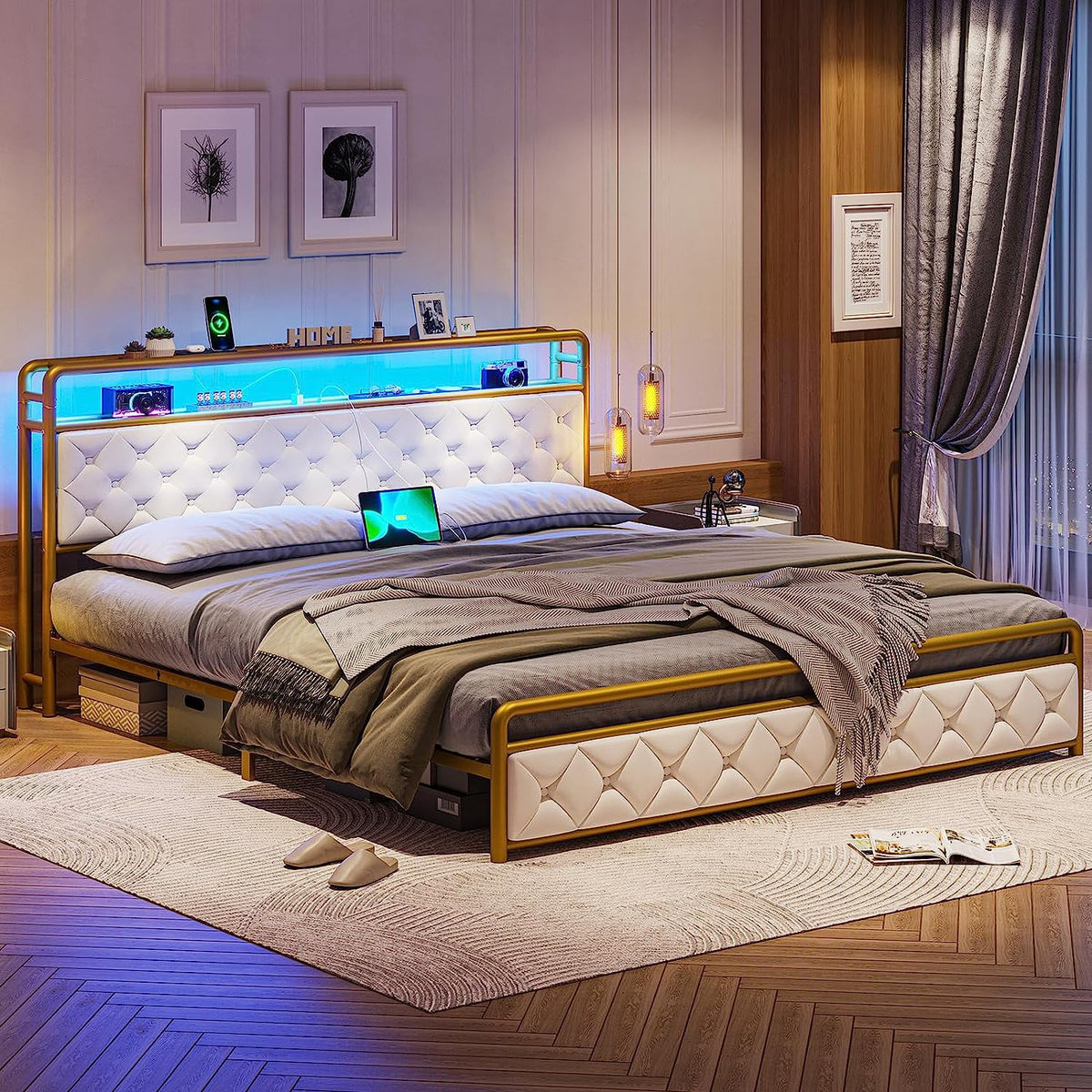 King LED Bed Frame with Power Outlets USB Ports Storage Headboard W6907
