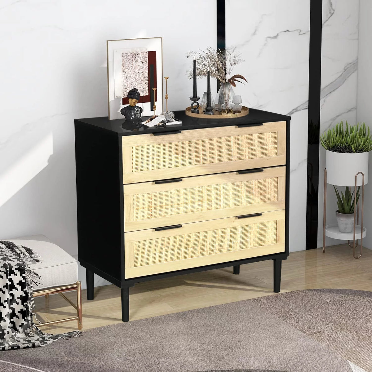 Black 3 Drawer Wood Rattan Dresser N595428
