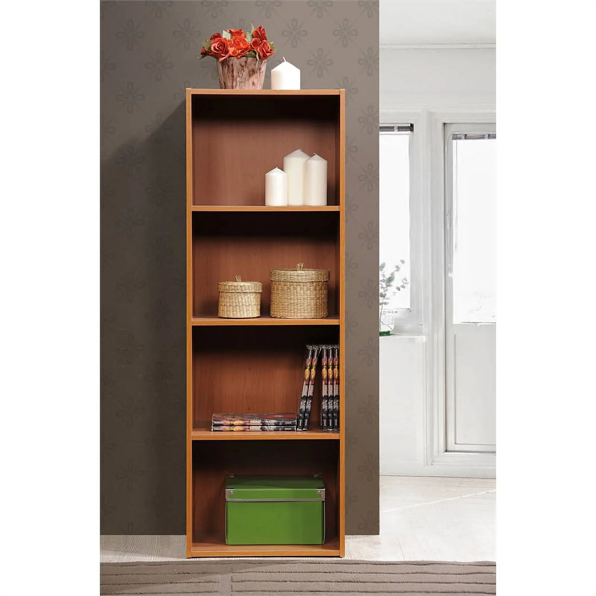 Four Shelf Wooden Bookcase in Cherry Finish J5436