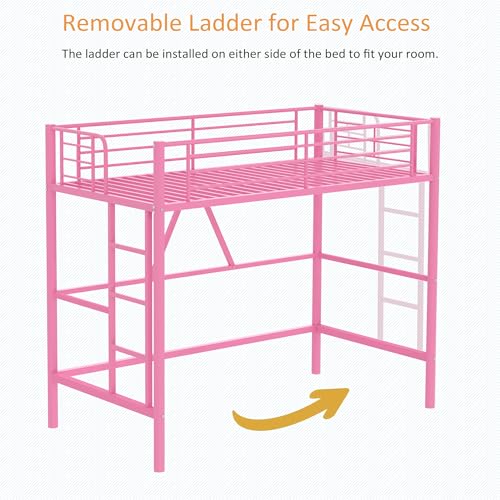 Twin Size Black Metal Loft Bed with Guardrails and Ladder I32268