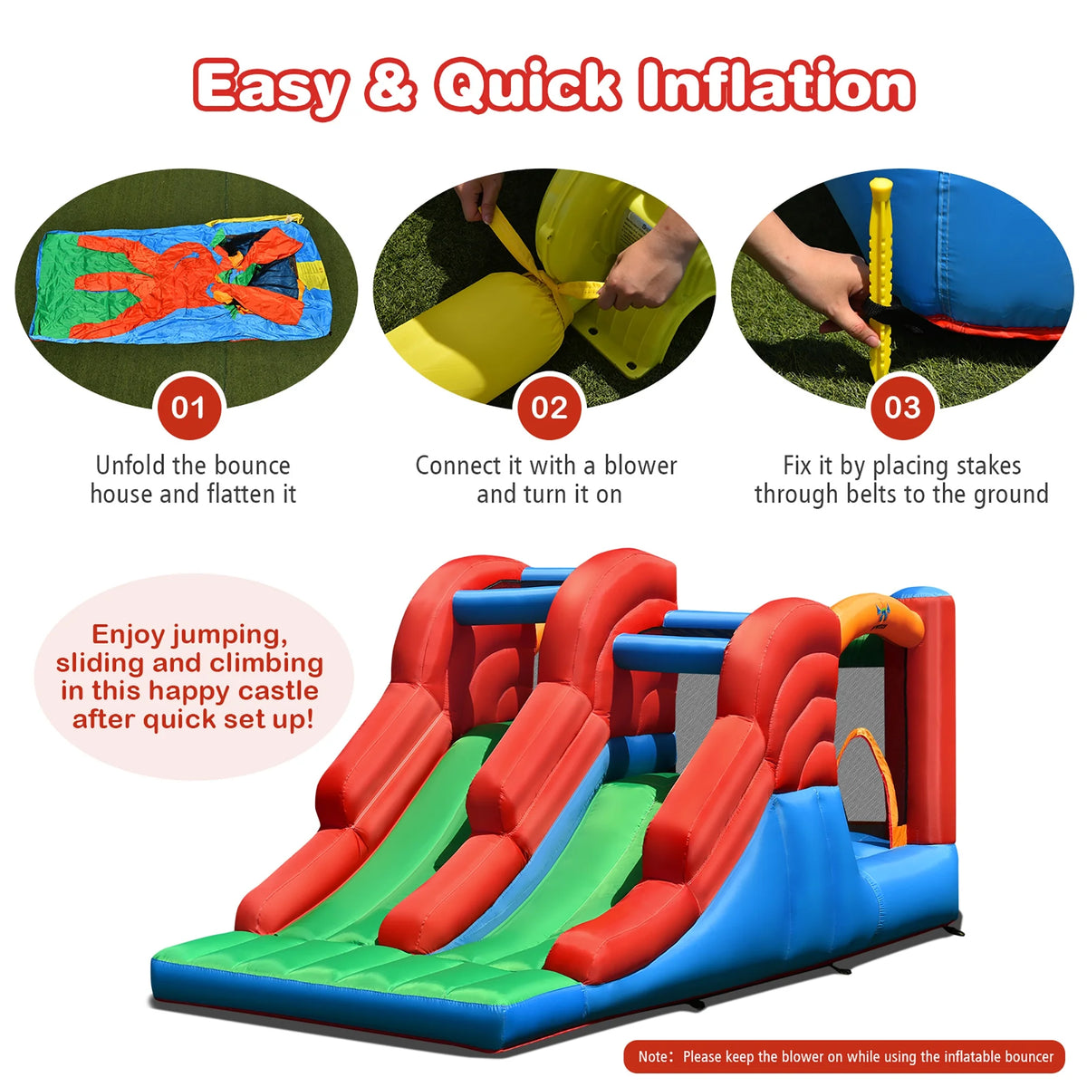 Inflatable Bounce House 3-in-1 Dual Slides Jumping Castle with 550W Blower J80016