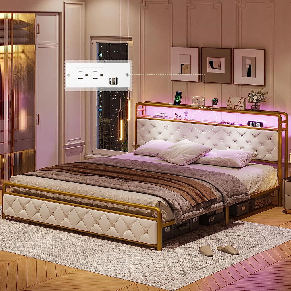 King LED Bed Frame with Power Outlets USB Ports Storage Headboard W6907