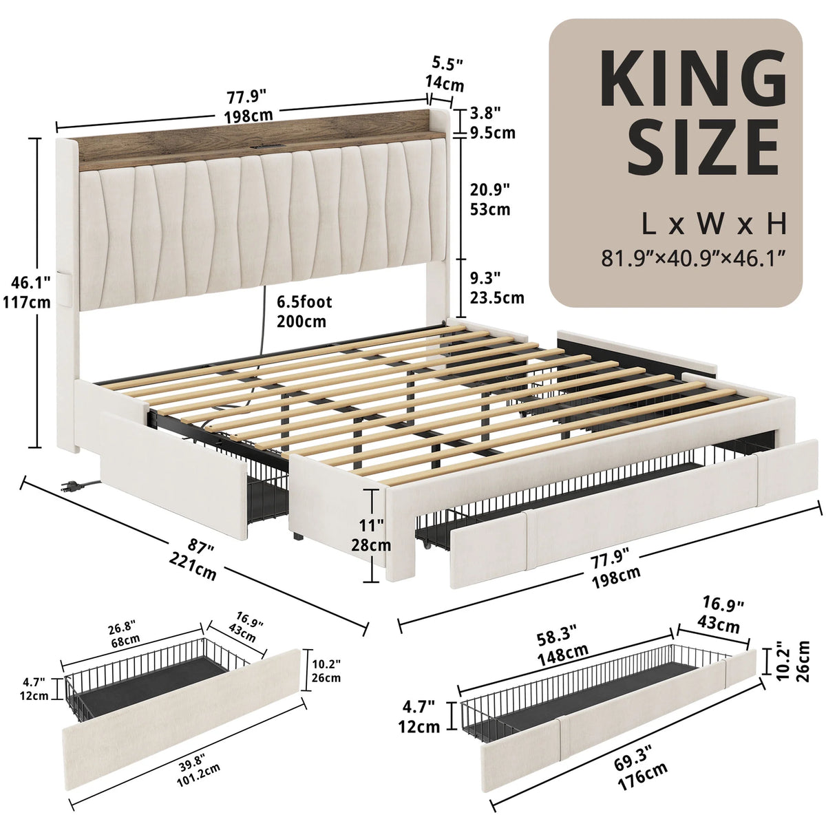 Queen Bed Frame with Upholstered Storage Headboard and 3 Drawers I26946