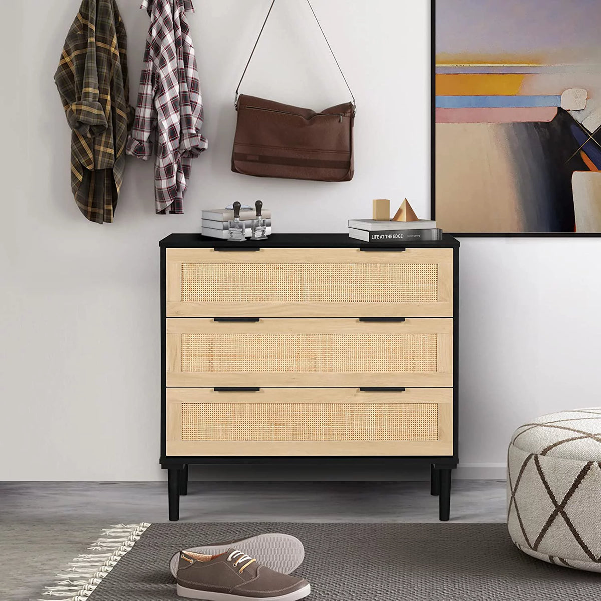 Black 3 Drawer Wood Rattan Dresser N595428