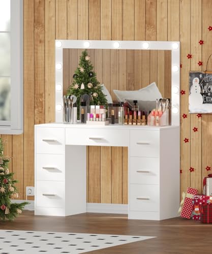 White Vanity Table with Lighted Mirror and Drawers O390159