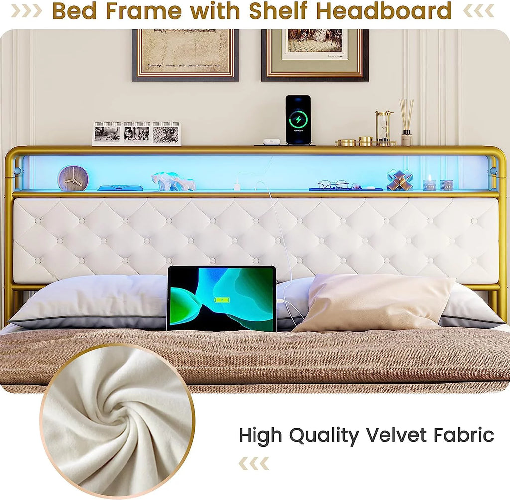 King LED Bed Frame with Power Outlets USB Ports Storage Headboard W6907