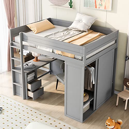 Full Size Wood Loft Bed with Desk Wardrobe Drawers Cabinet Grey T2449