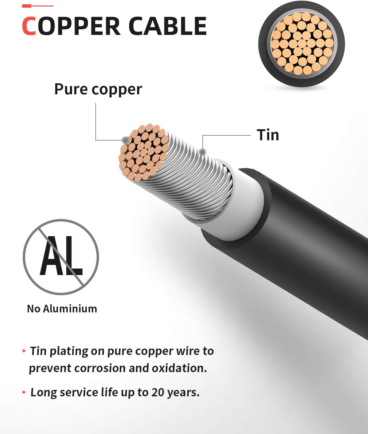 20 Feet 10AWG Solar Extension Cable with Female and Male Connector, Pack of 2 K783