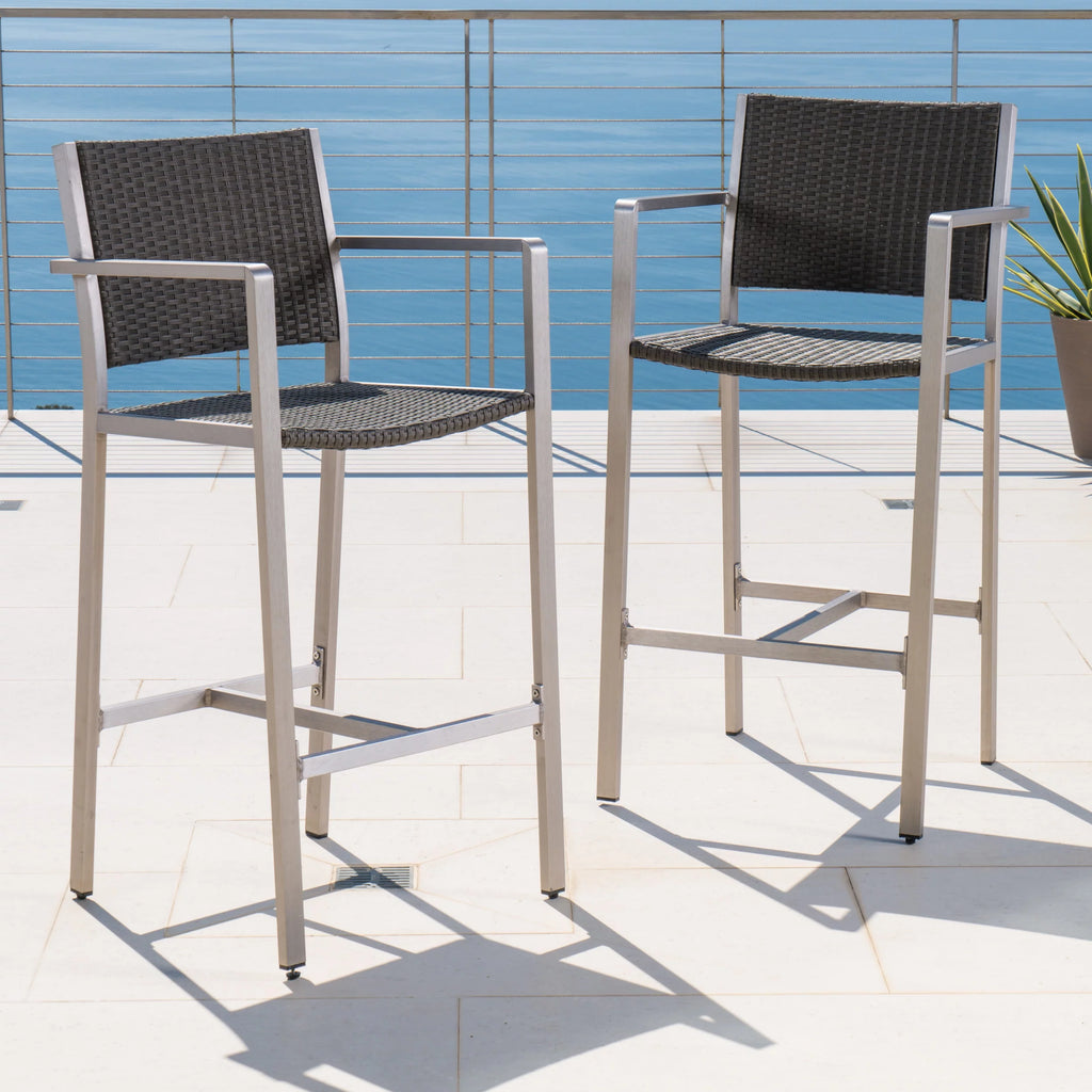 3 Piece Grey Wicker Bar Set with Glass Table Top J243933