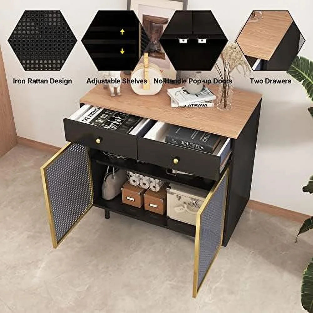 Modern Iron Rattan Buffet Sideboard Cabinet Set of 2 R754