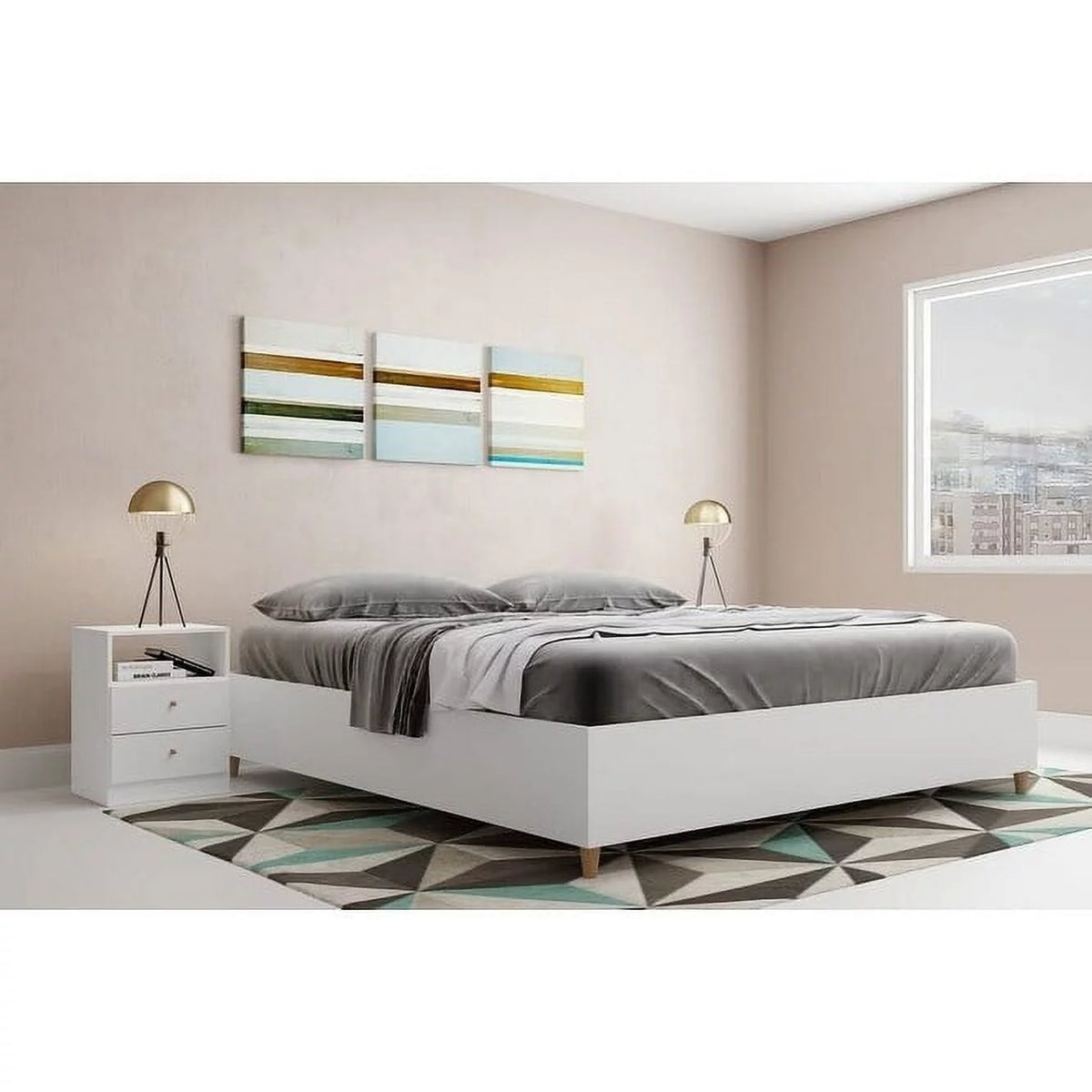 King Bed Frame MDF Wood Bed Base White F106