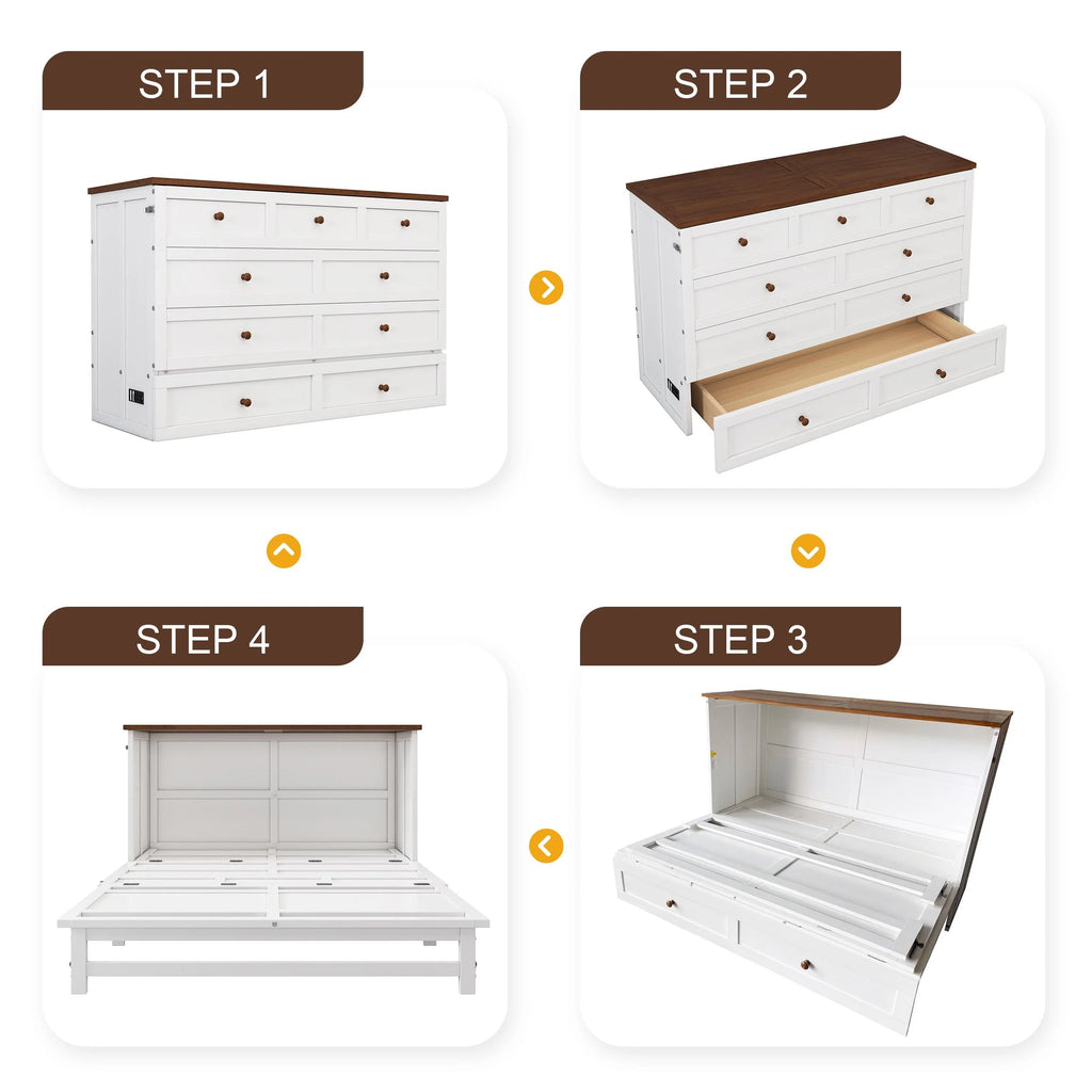 Queen Size Murphy Bed with Storage Drawer and Charging Station A2709