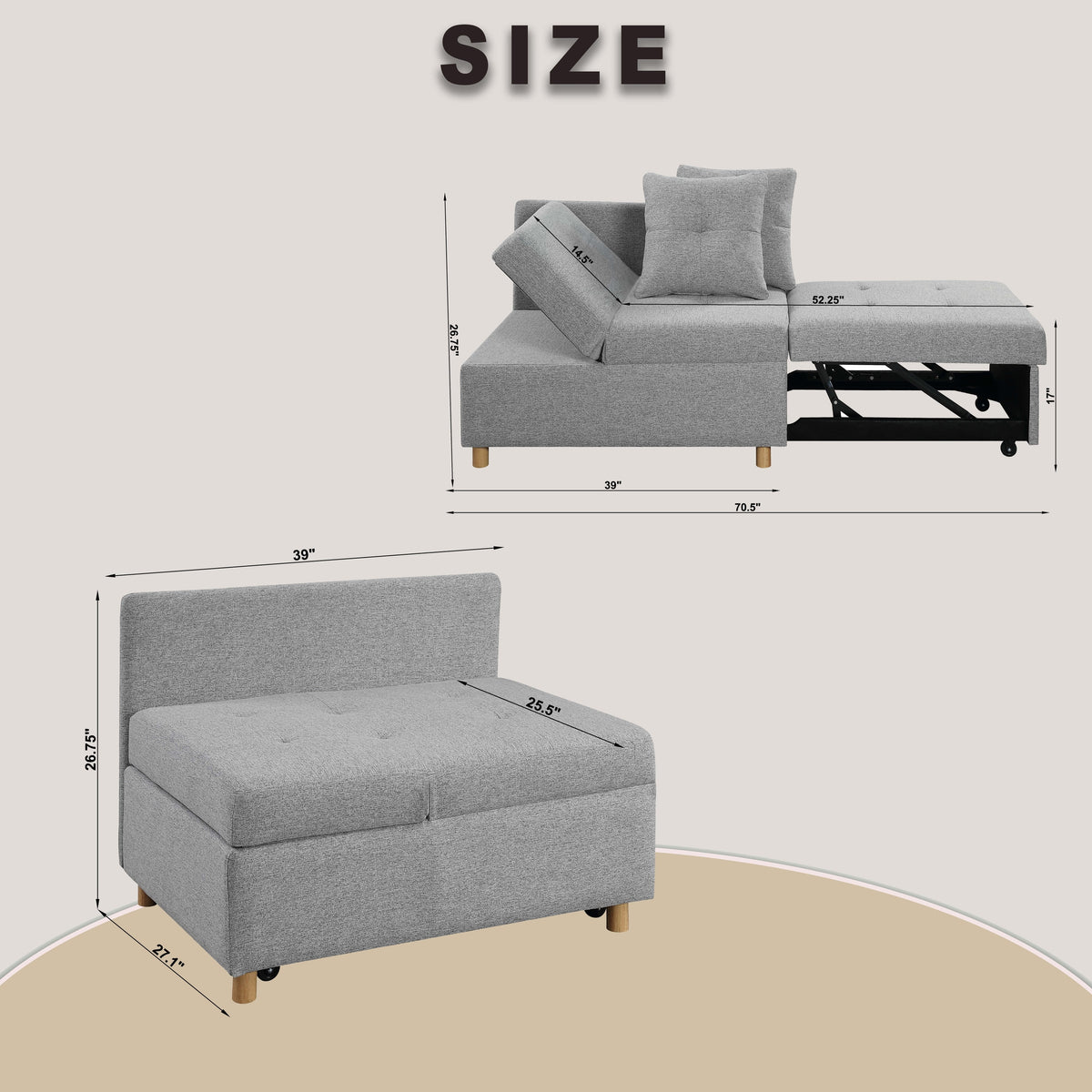 Light Gray Convertible Single Sofa Bed B840