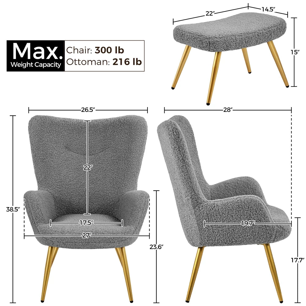 Gray Boucle Accent Chair and Ottoman Set with Golden Metal Legs J16099