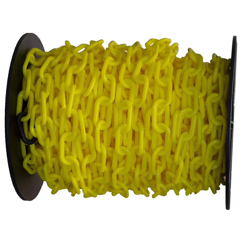 Heavy-Duty Plastic Barrier Chain Reel, Yellow, 2-Inch Link Diameter, 100-Foot Length, Pack of 2 L66920