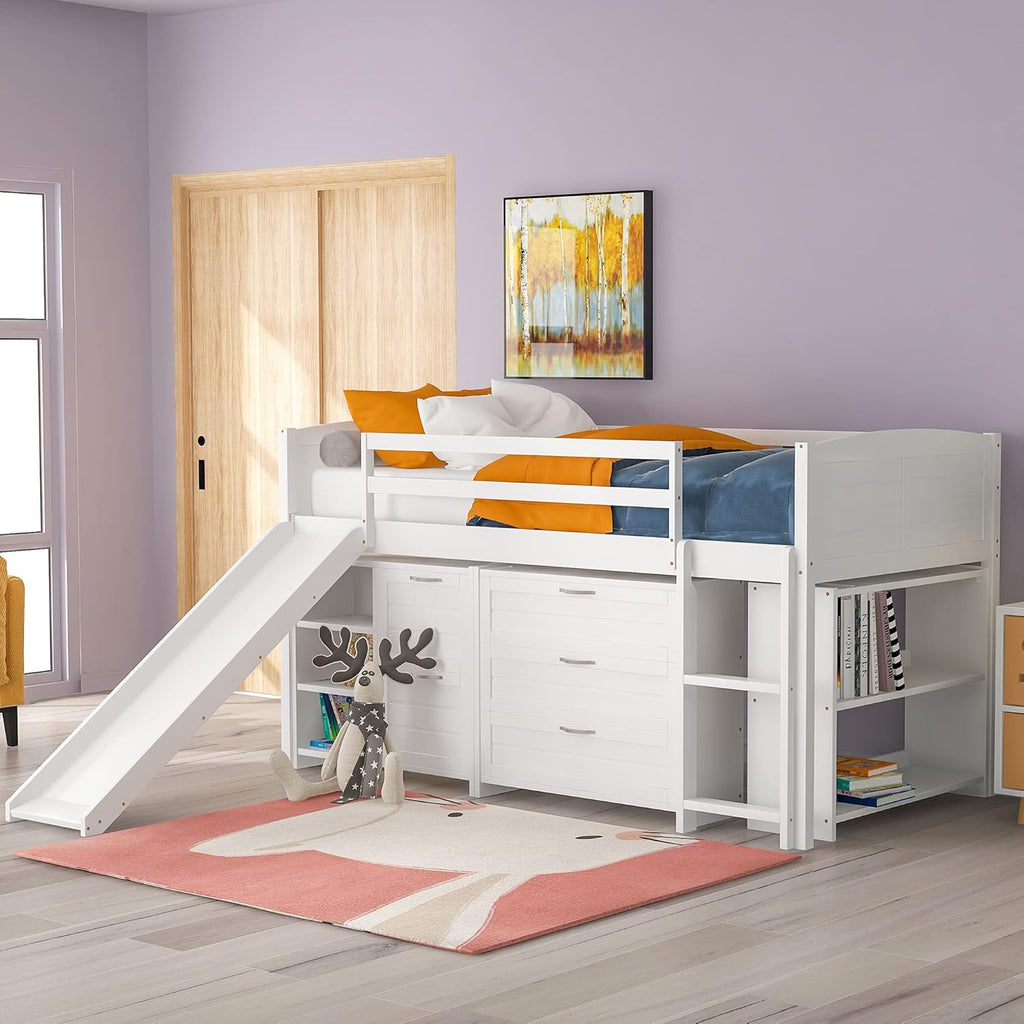 Grey Twin Loft Bed with 3-Drawer Cabinet and Storage Shelves C269898