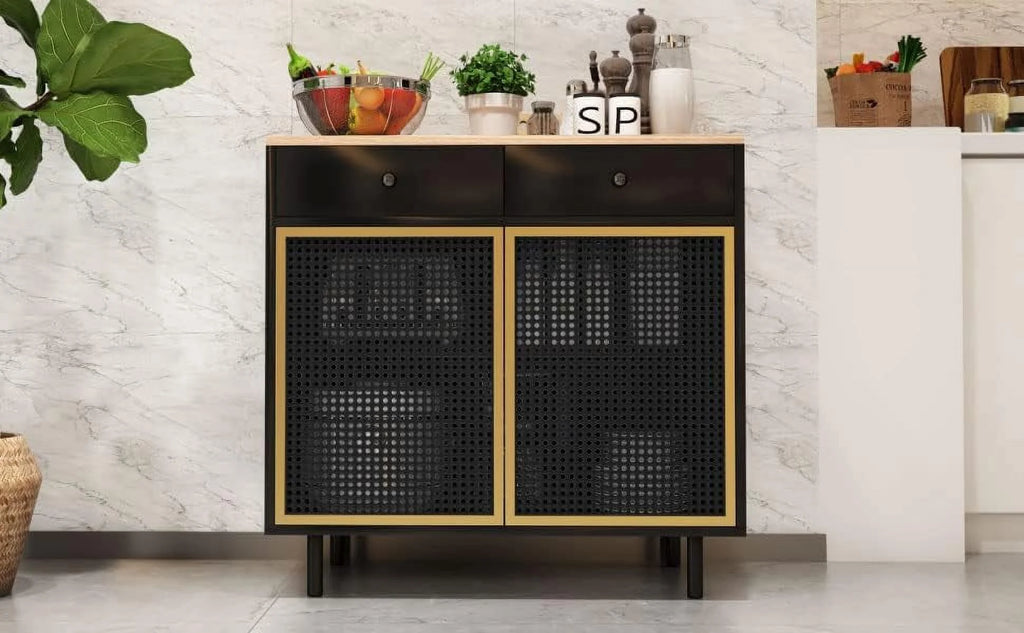 Modern Iron Rattan Buffet Sideboard Cabinet Set of 2 R754