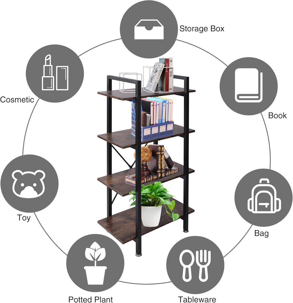 Industrial Bookshelf, 4 Tier Open Shelf Bookcase, Rustic Brown Q259