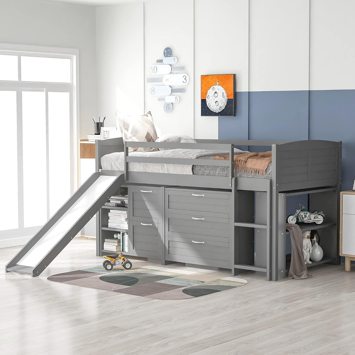 Grey Twin Loft Bed with 3-Drawer Cabinet and Storage Shelves C269898