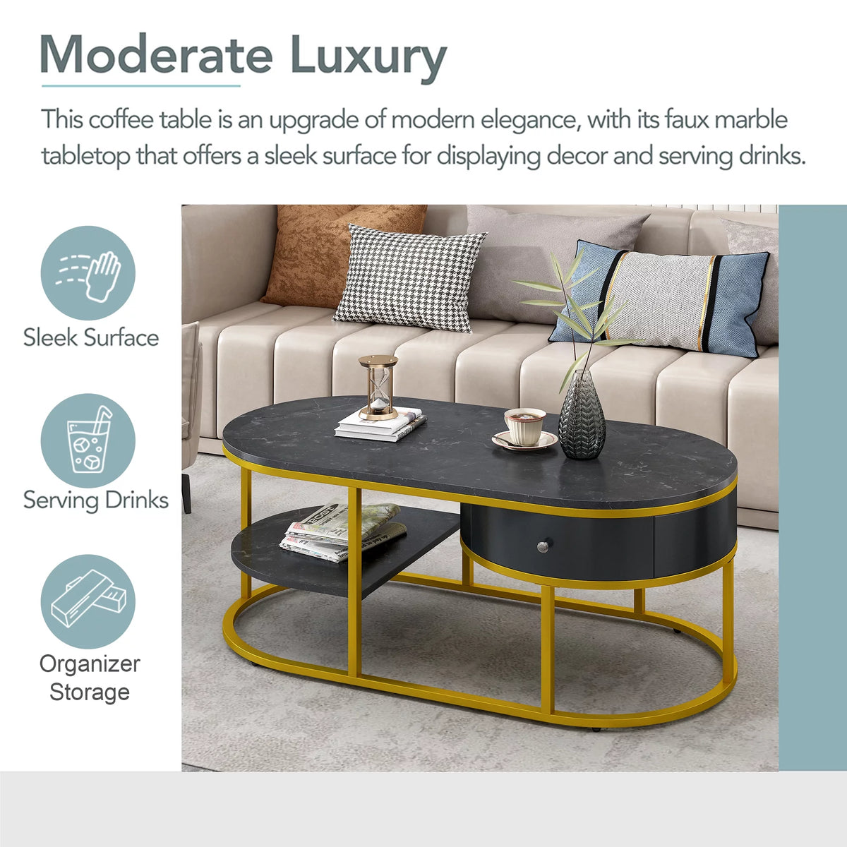 Black Marble Coffee Table with Storage M742