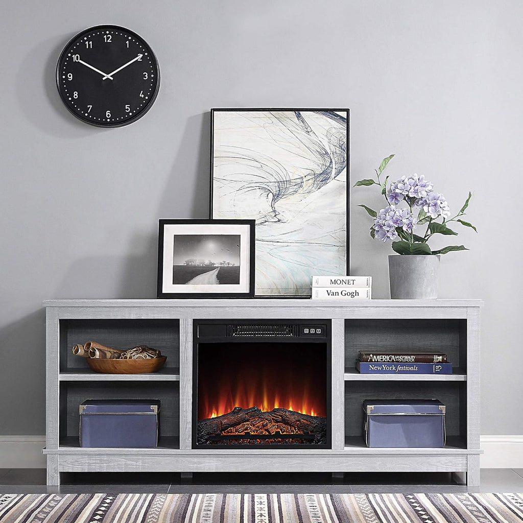 Gray Wash TV Stand with Wood Glass Storage Cabinets O523284